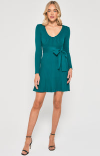 Tildy Long Sleeve, Ribbed Knit Mini Dress - Emerald