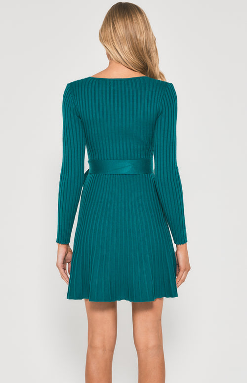 Tildy Long Sleeve, Ribbed Knit Mini Dress - Emerald
