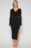 Luella Front Drawstring, Long Sleeve Knit Midi Dress - Black