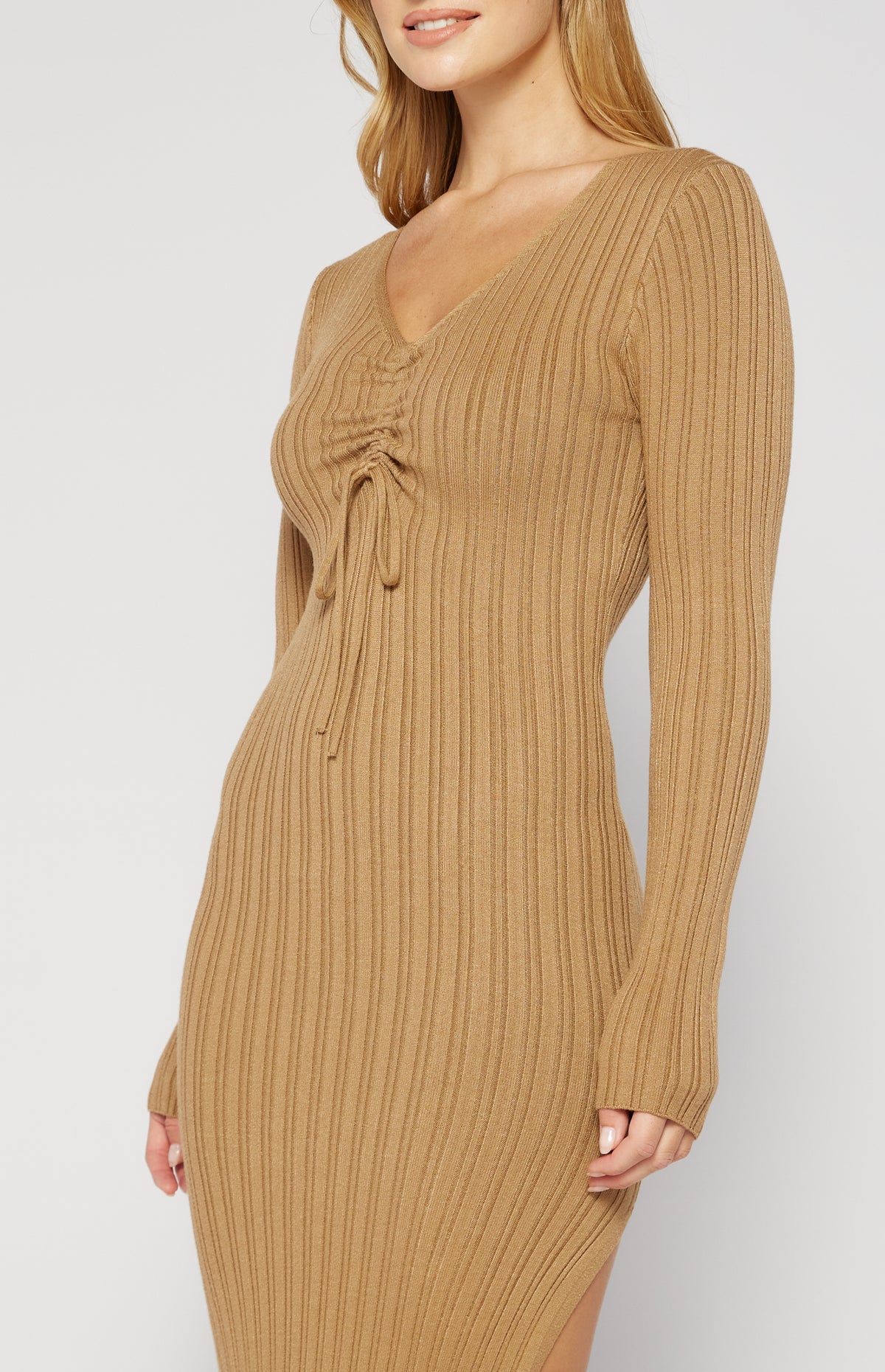 Luella Front Drawstring, Long Sleeve Knit Midi Dress - Coffee