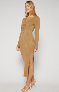 Luella Front Drawstring, Long Sleeve Knit Midi Dress - Coffee