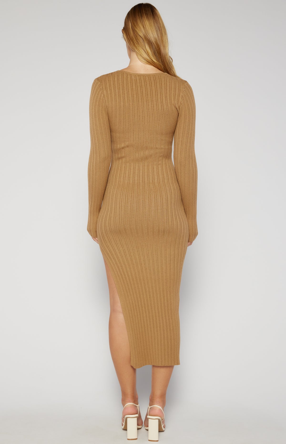 Luella Front Drawstring, Long Sleeve Knit Midi Dress - Coffee