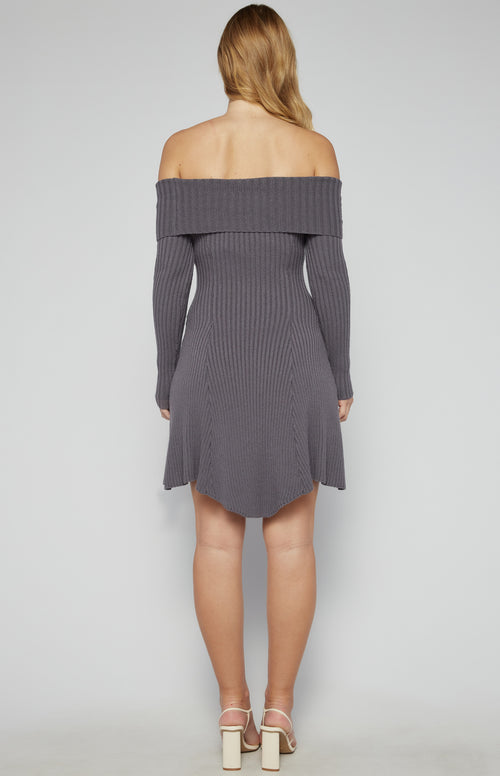 Tamison Off Shoulder Knit Mini Dress - Charcoal