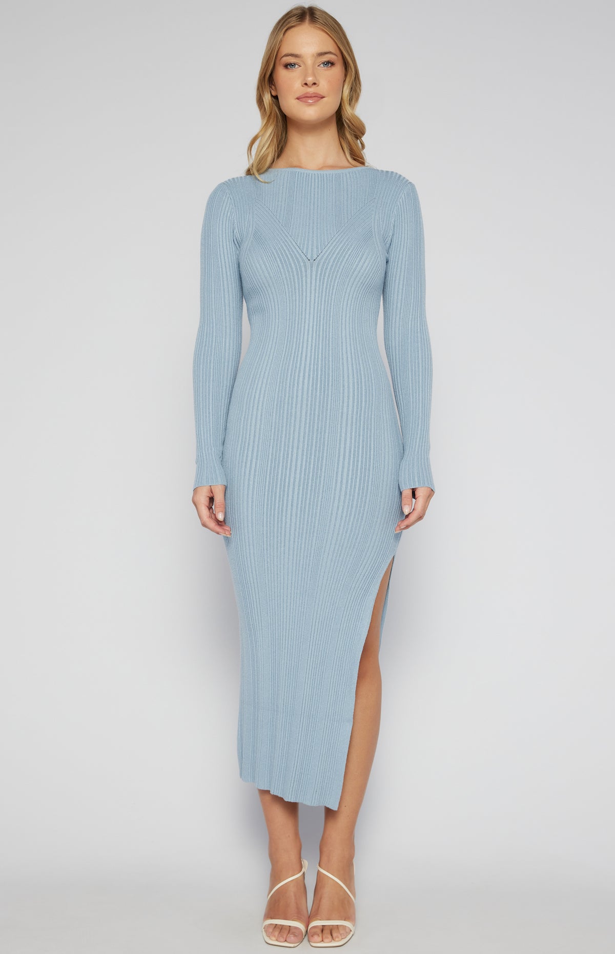 Zafira Long Sleeve, Side Split, Ribbed Knit Maxi Dress - Blue
