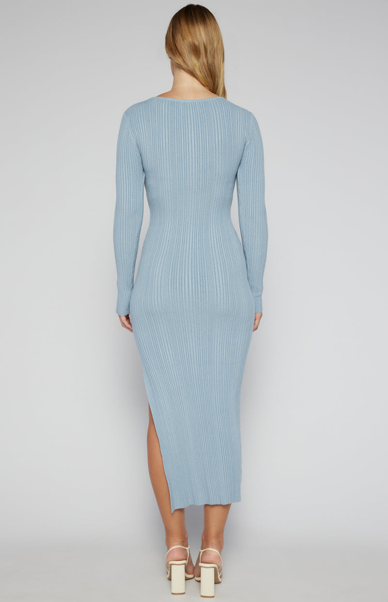 Zafira Long Sleeve, Side Split, Ribbed Knit Maxi Dress - Blue