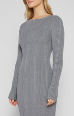 Zafira Long Sleeve, Side Split, Ribbed Knit Maxi Dress - Grey
