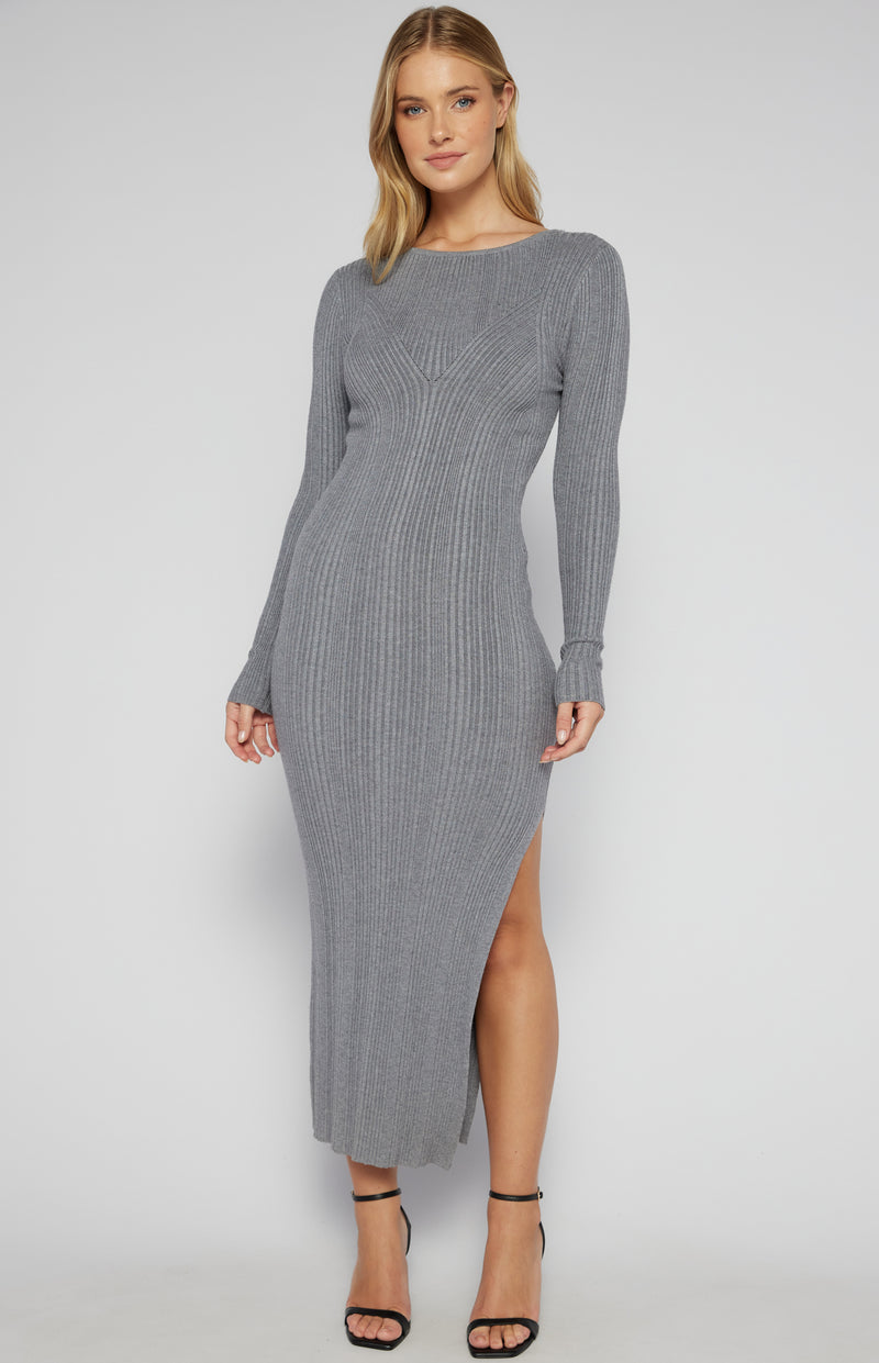 Zafira Long Sleeve, Side Split, Ribbed Knit Maxi Dress - Grey