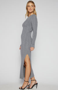 Zafira Long Sleeve, Side Split, Ribbed Knit Maxi Dress - Grey