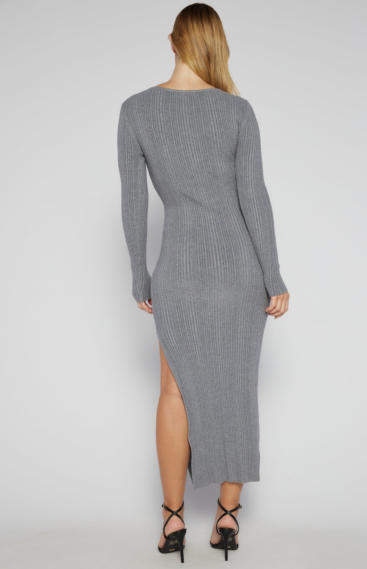 Zafira Long Sleeve, Side Split, Ribbed Knit Maxi Dress - Grey