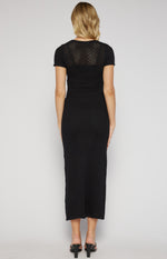 Janelle Round Neckline, Crochet Knit Maxi Dress - Black