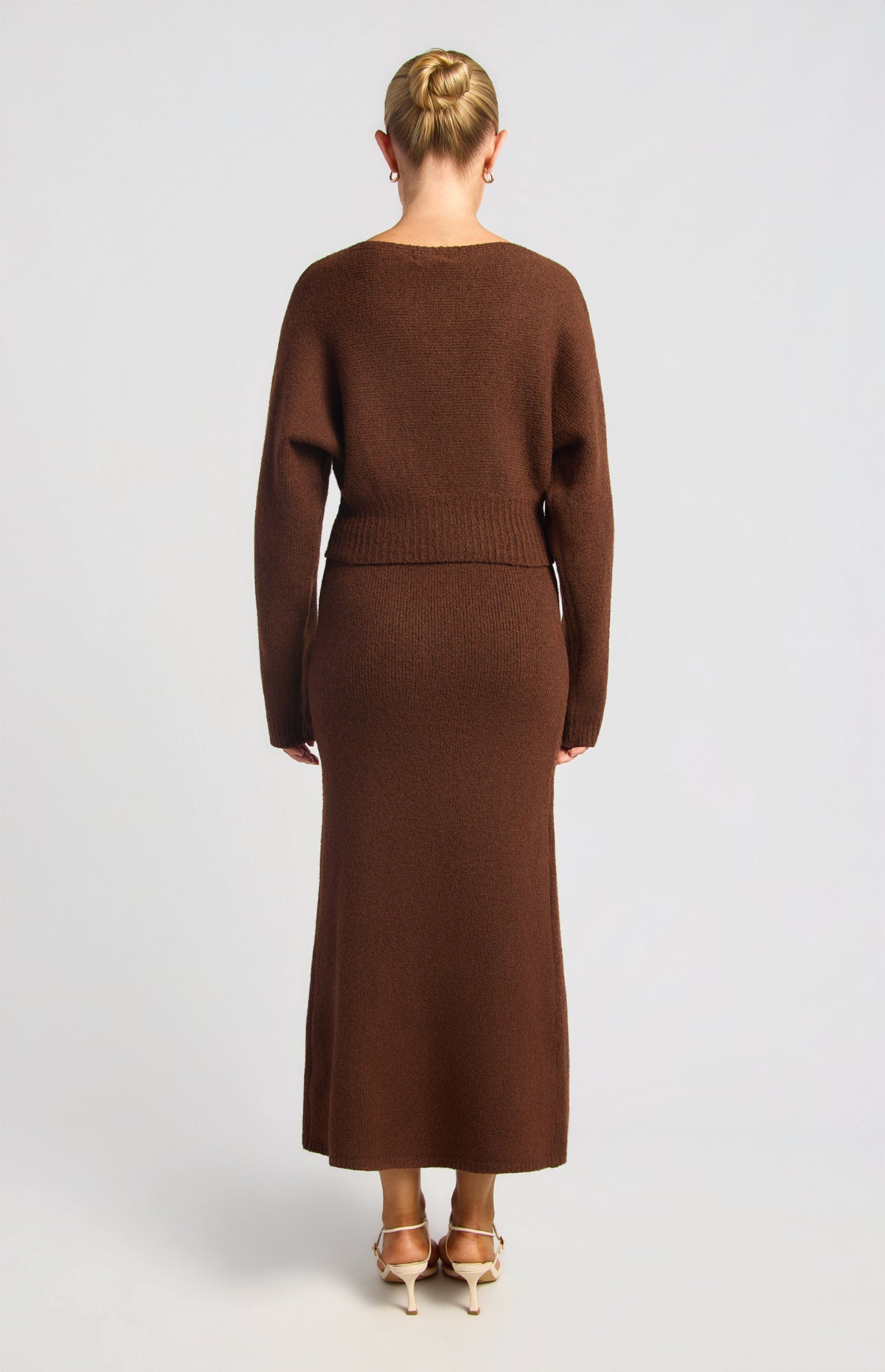 Zillah Fluffy Top & Skirt Knit Set - Dark Brown