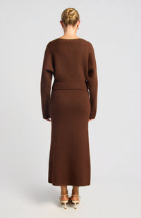 Zillah Fluffy Top & Skirt Knit Set - Dark Brown