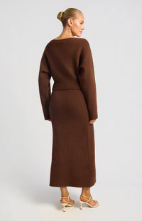 Zillah Fluffy Top & Skirt Knit Set - Dark Brown