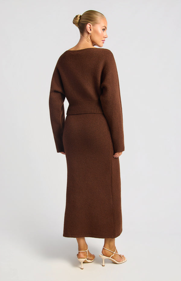 Zillah Fluffy Top & Skirt Knit Set - Dark Brown