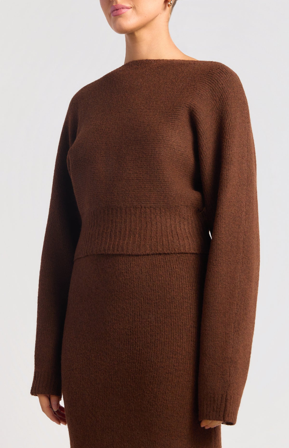 Zillah Fluffy Top & Skirt Knit Set - Dark Brown