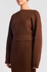 Zillah Fluffy Top & Skirt Knit Set - Dark Brown