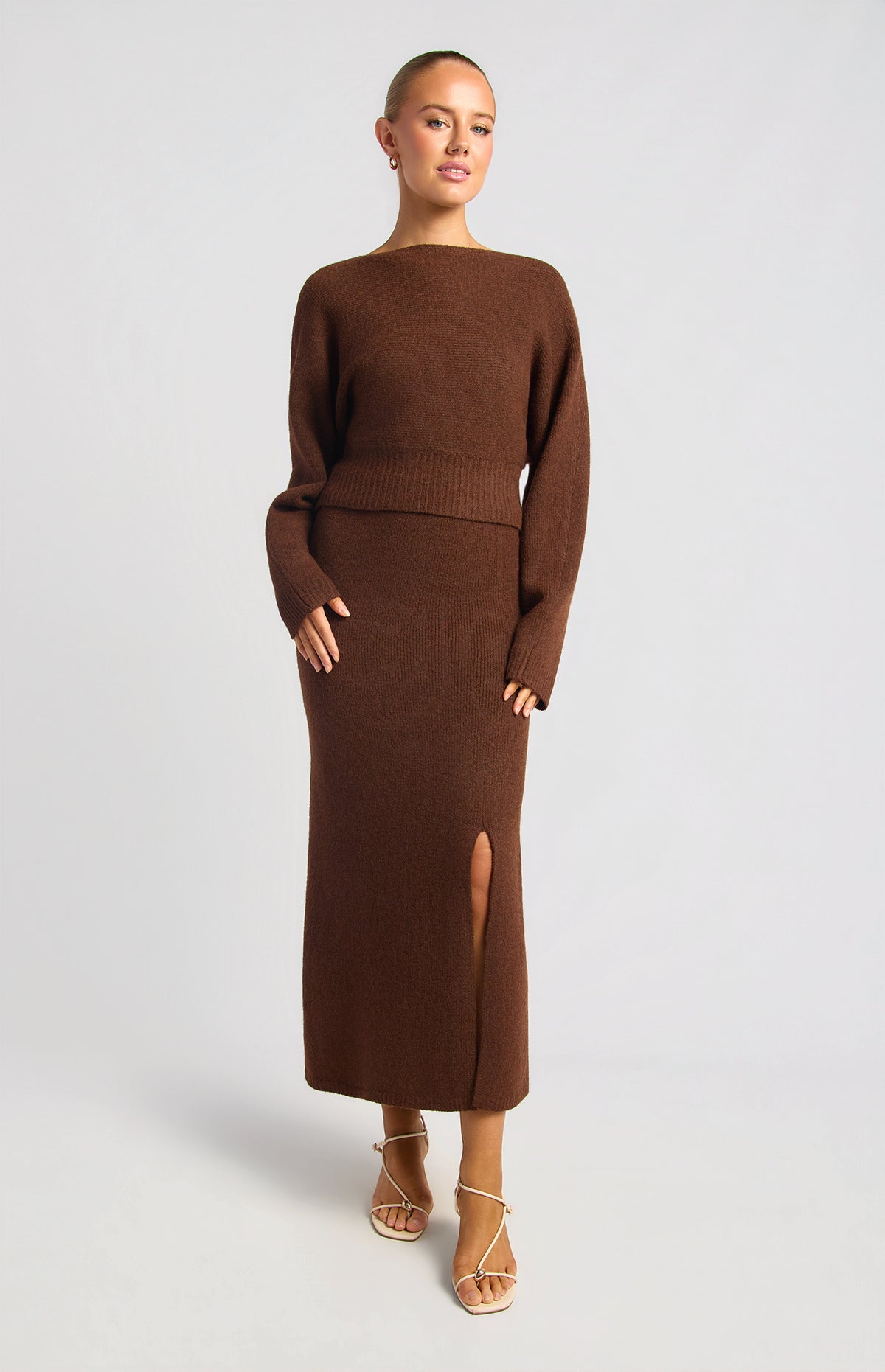 Zillah Fluffy Top & Skirt Knit Set - Dark Brown