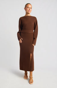 Zillah Fluffy Top & Skirt Knit Set - Dark Brown