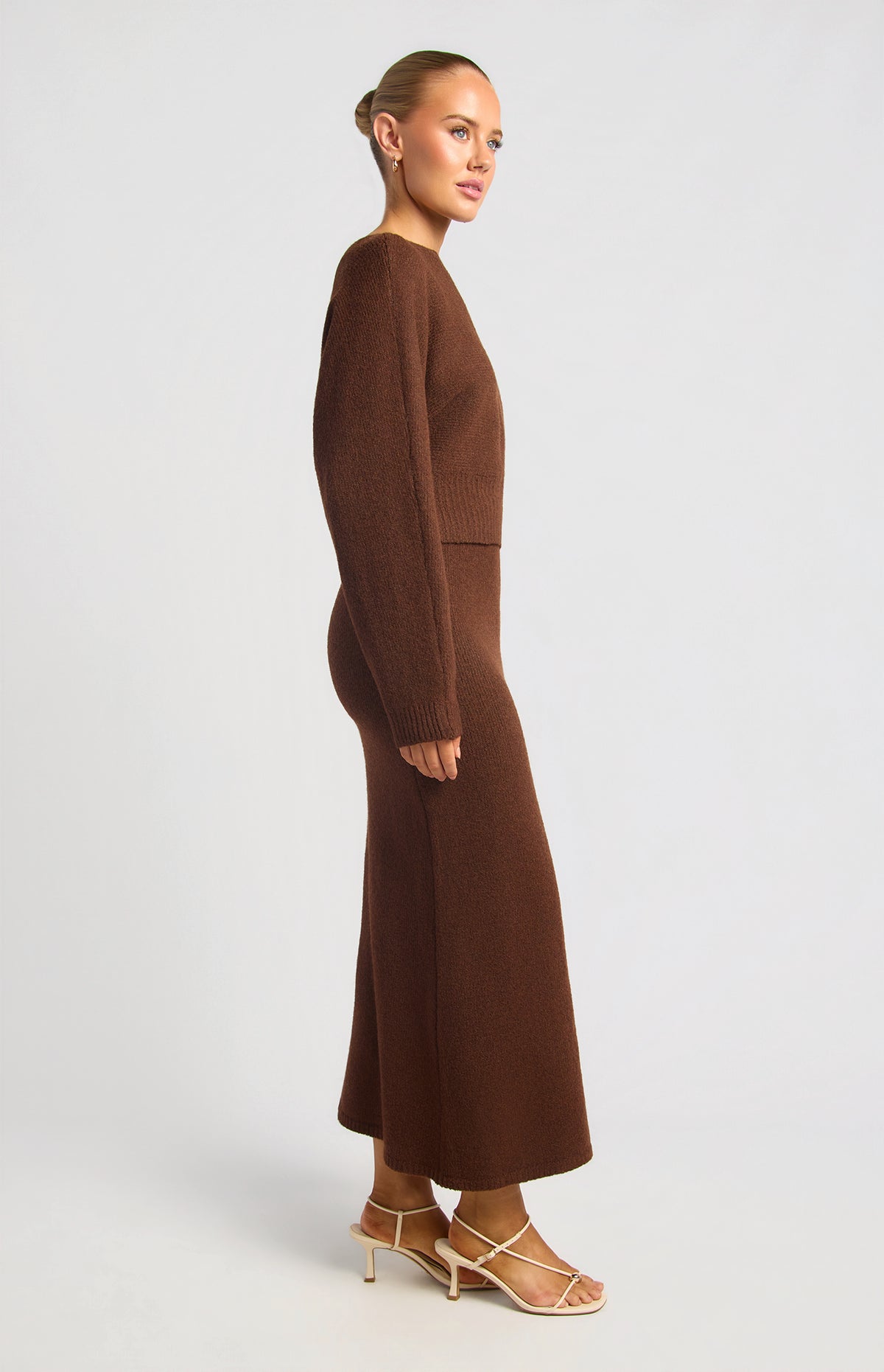 Zillah Fluffy Top & Skirt Knit Set - Dark Brown