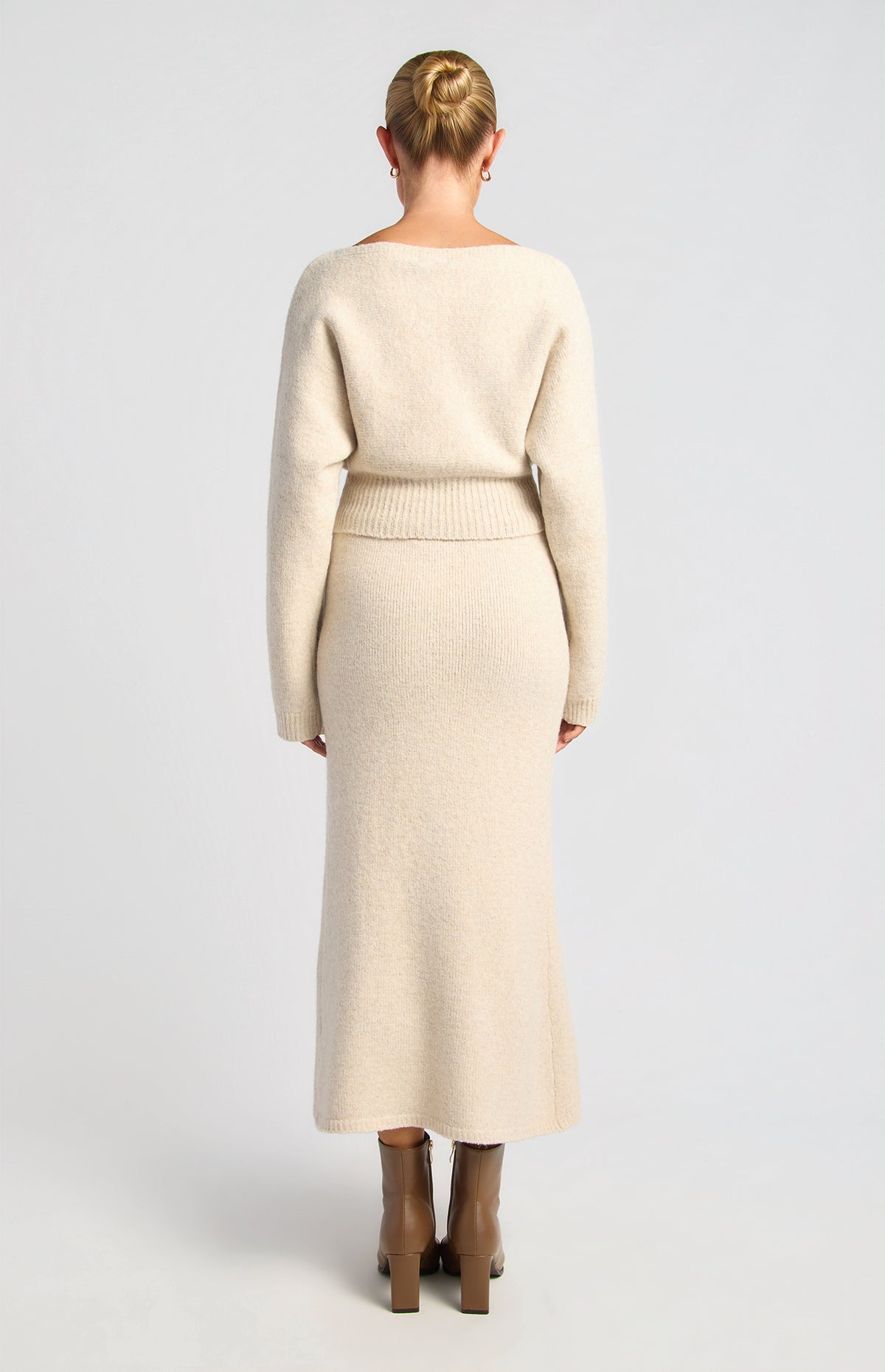 Zillah Fluffy Top & Skirt Knit Set - Oat Marl