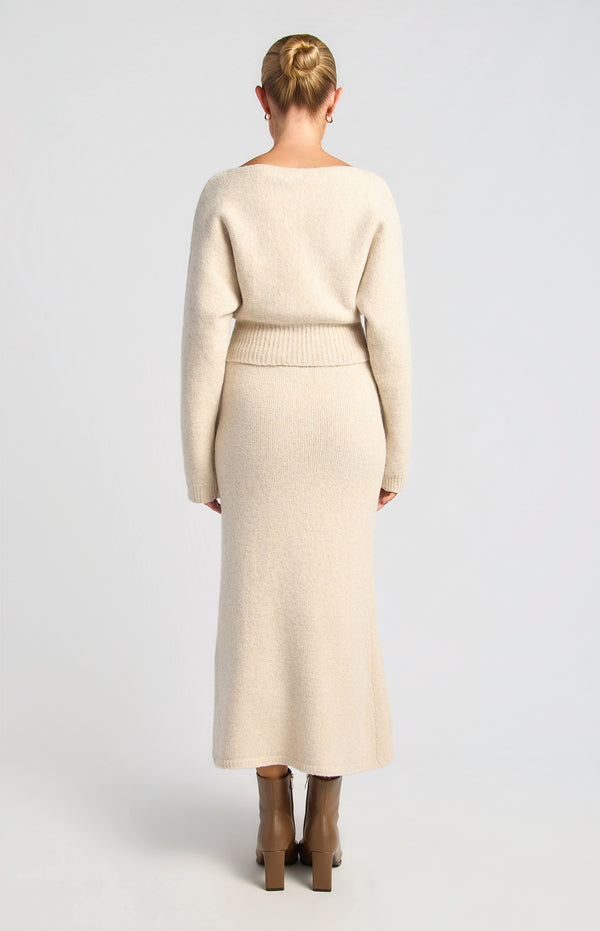 Zillah Fluffy Top & Skirt Knit Set - Oat Marl