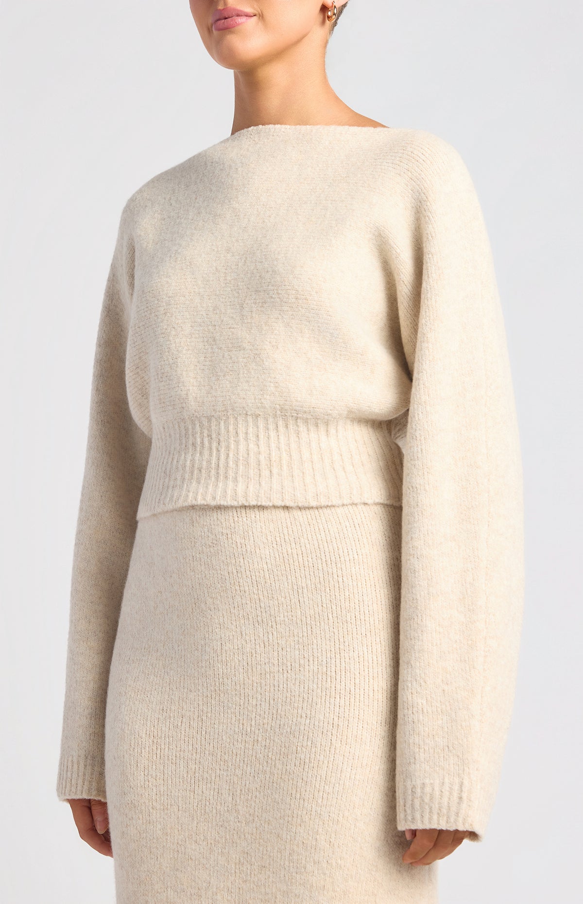 Zillah Fluffy Top & Skirt Knit Set - Oat Marl