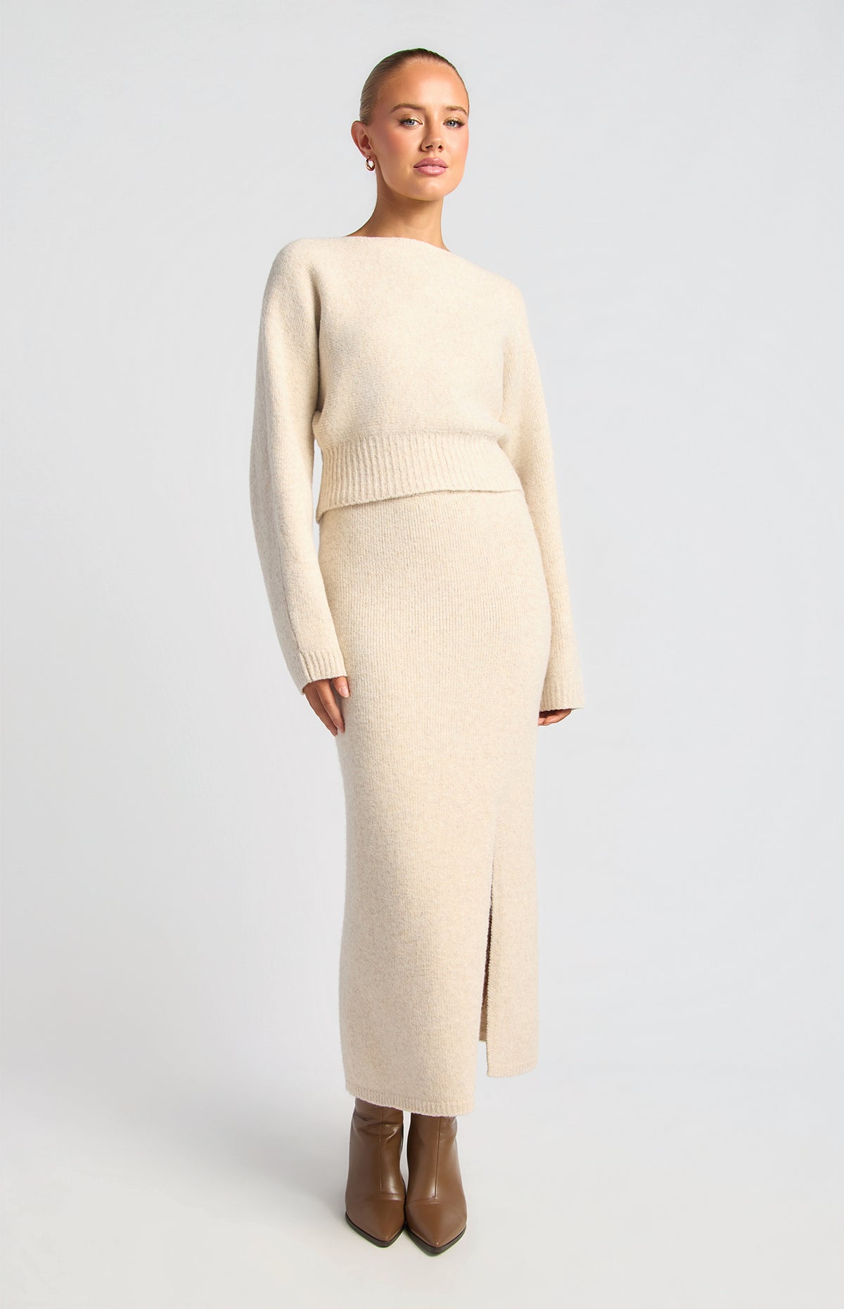 Zillah Fluffy Top & Skirt Knit Set - Oat Marl