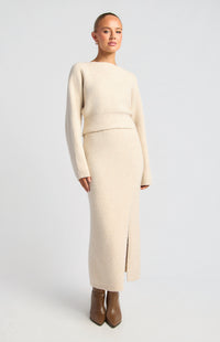 Zillah Fluffy Top & Skirt Knit Set - Oat Marl