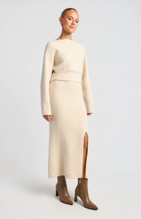 Zillah Fluffy Top & Skirt Knit Set - Oat Marl