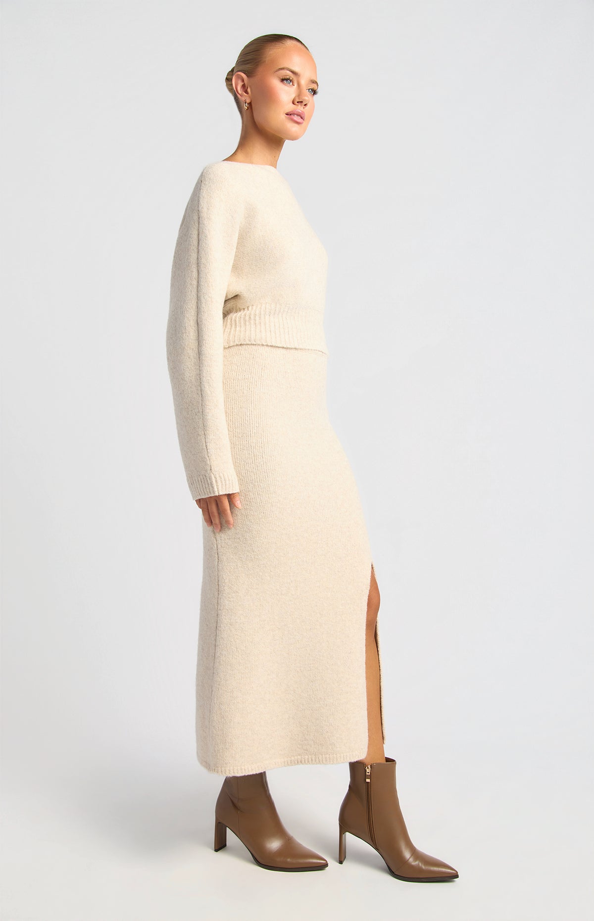 Zillah Fluffy Top & Skirt Knit Set - Oat Marl