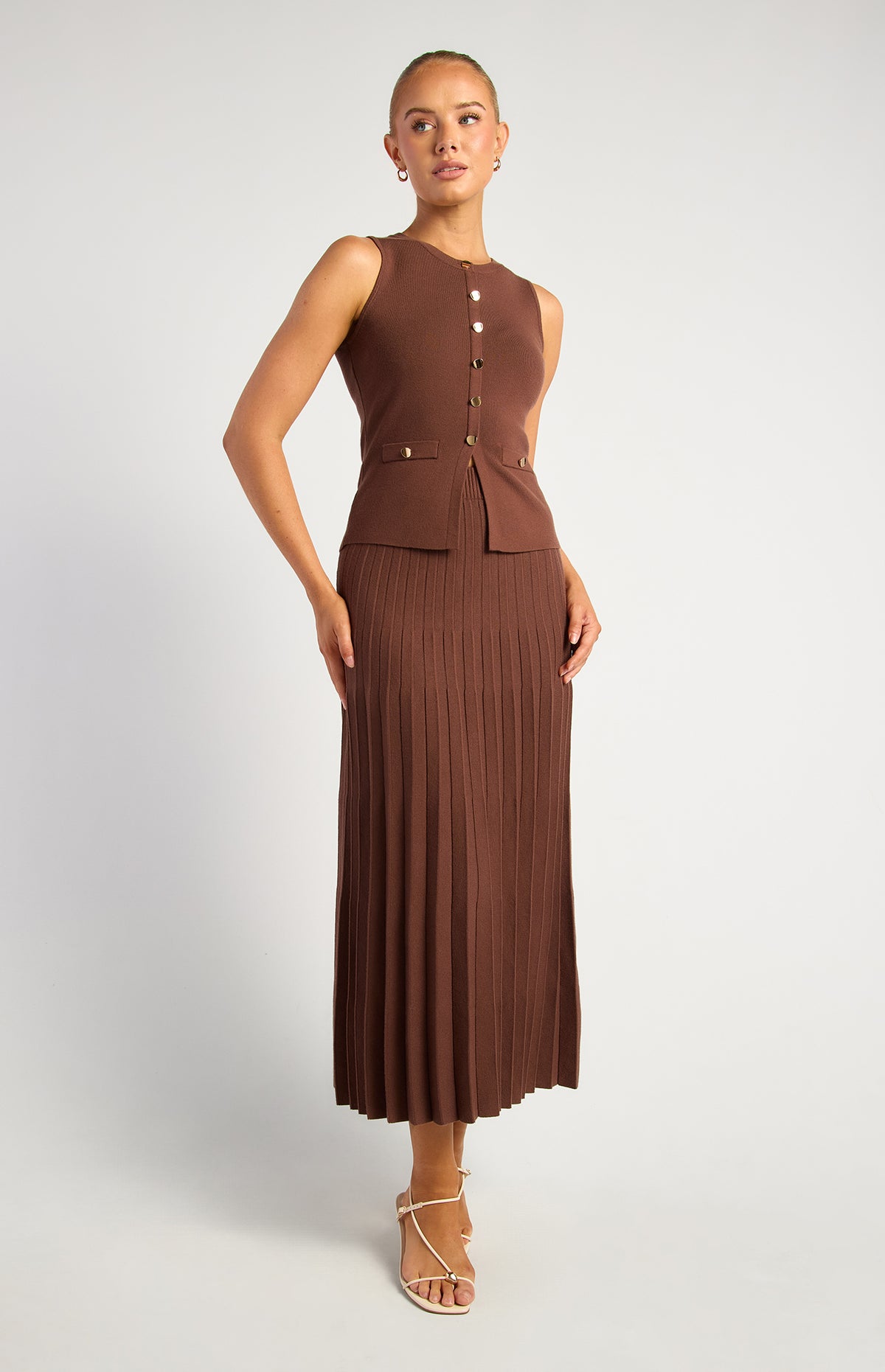 Angelique Knit Vest & Skirt Set - Chocolate