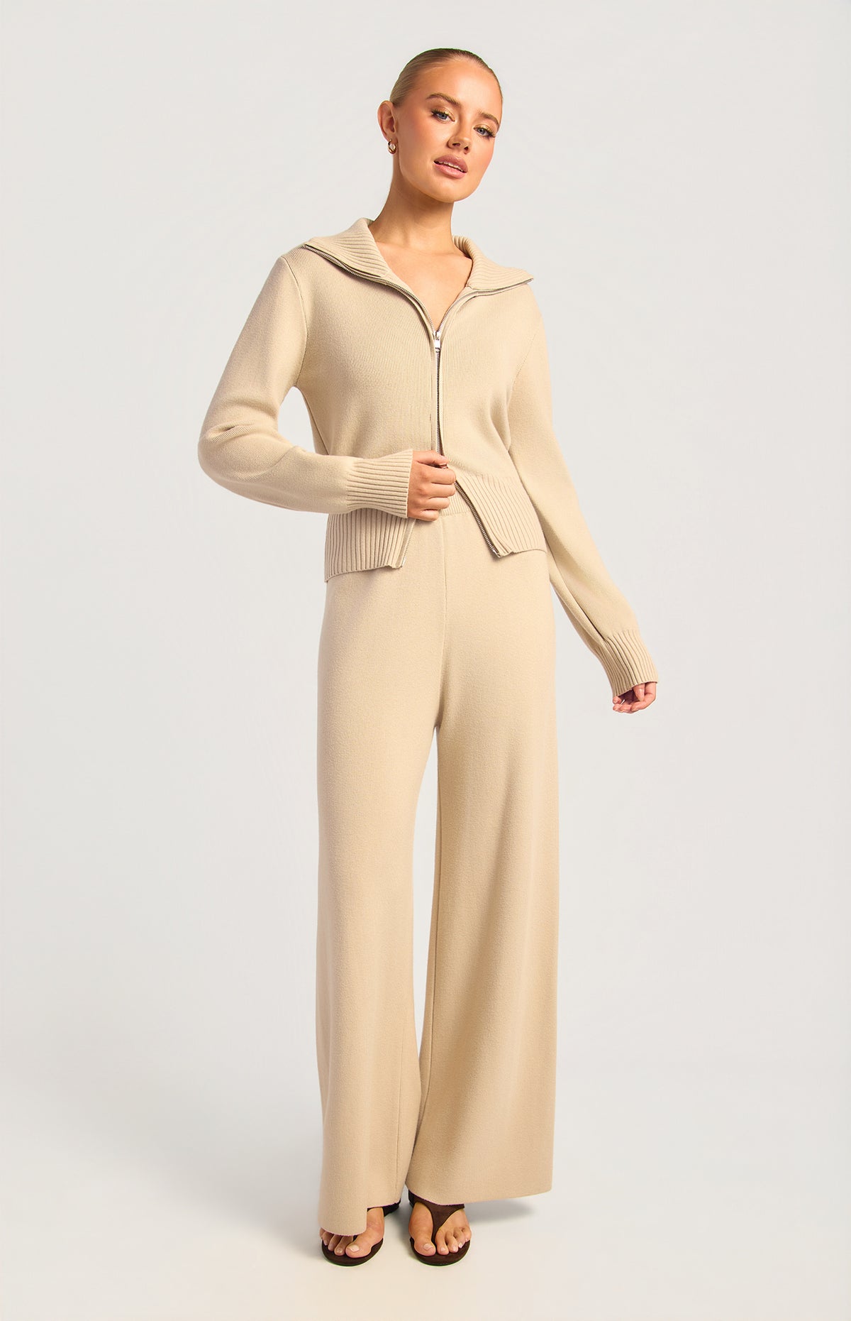 Kadie Jacket & Pants Knit Set - Almond