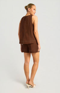 Arlene Cotton Linen Top & Shorts Set - Brown
