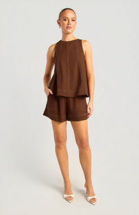 Arlene Cotton Linen Top & Shorts Set - Brown