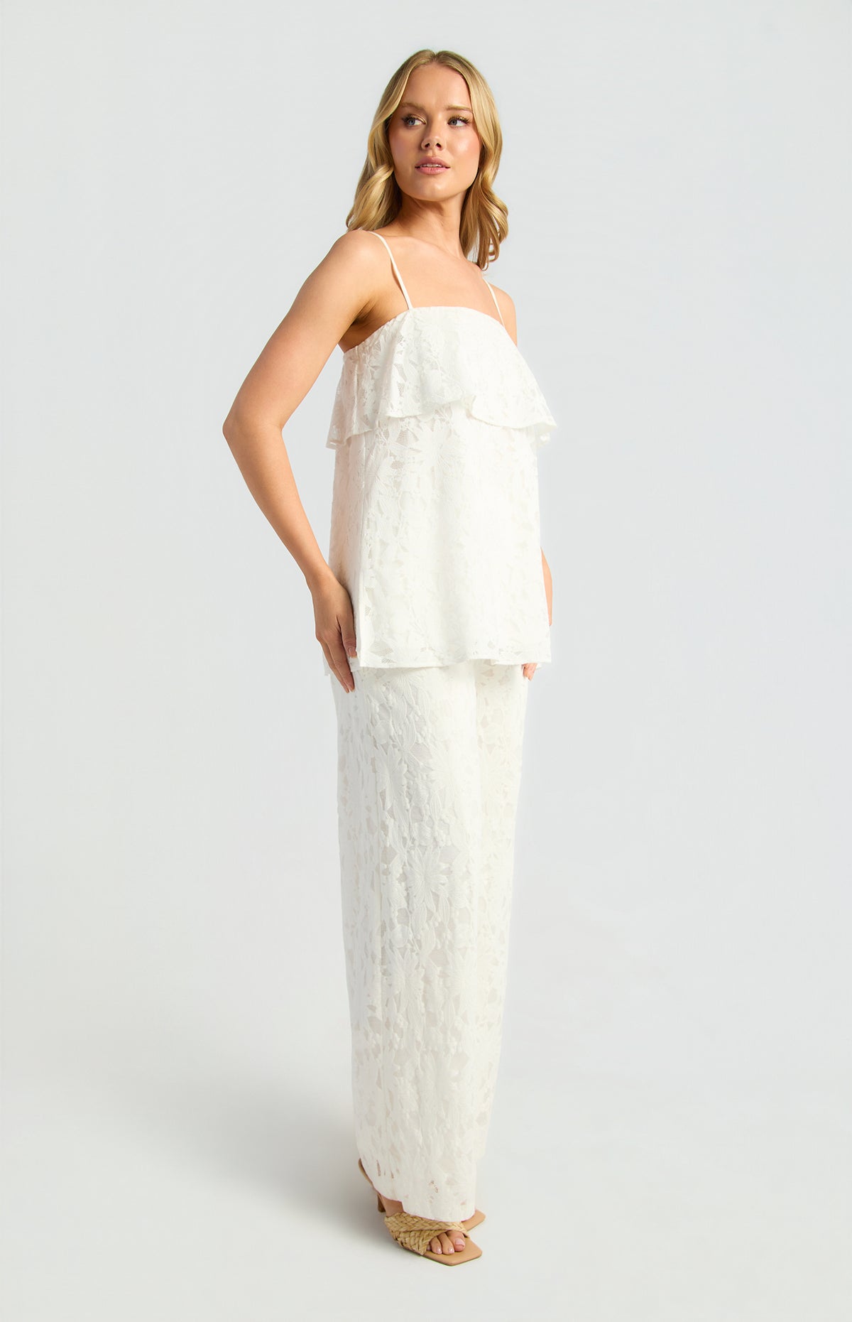 Zaeli Sheer Lace Top & Pants Set - White