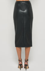 Eleni Faux Leather, Front Split, Midi Skirt - Black
