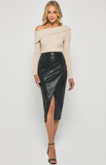 Eleni Faux Leather, Front Split, Midi Skirt - Black