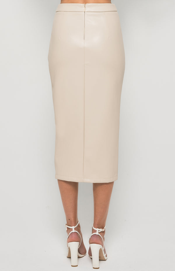 Eleni Faux Leather, Front Split, Midi Skirt - Bone