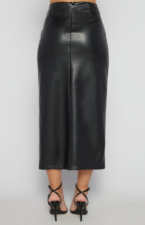 Jaicee High Waisted Faux Leather Midi Skirt - Black