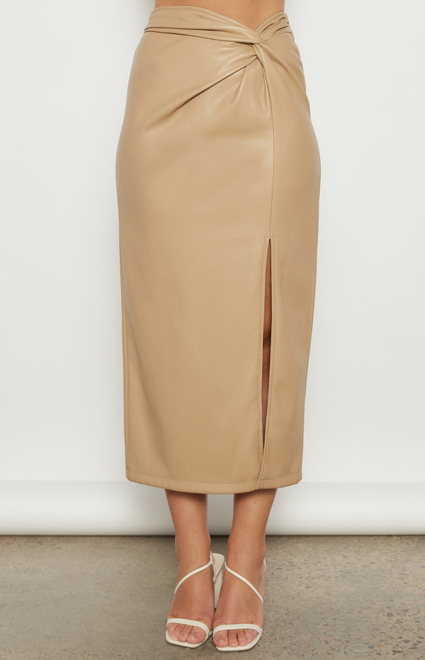 Jaicee High Waisted Faux Leather Midi Skirt - Camel