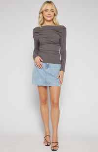 Keogh Long Sleeve, Ruched, Stretch Top - Charcoal