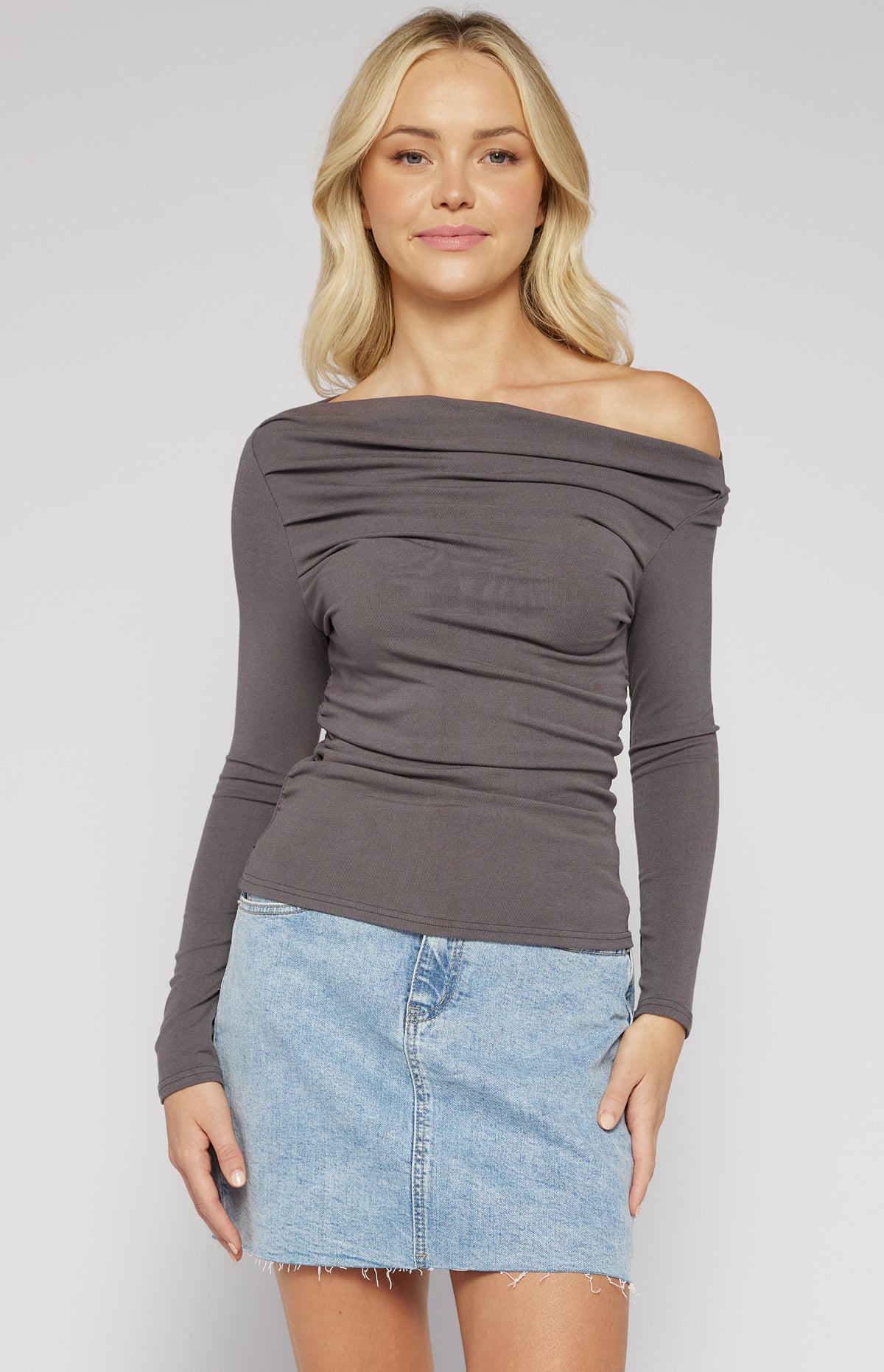 Keogh Long Sleeve, Ruched, Stretch Top - Charcoal