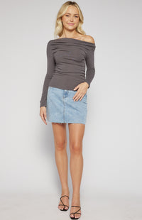 Keogh Long Sleeve, Ruched, Stretch Top - Charcoal