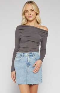 Keogh Long Sleeve, Ruched, Stretch Top - Charcoal