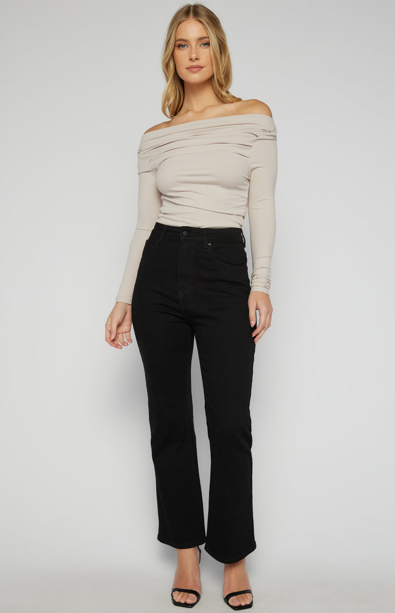 Keogh Long Sleeve, Ruched, Stretch Top - Pearl