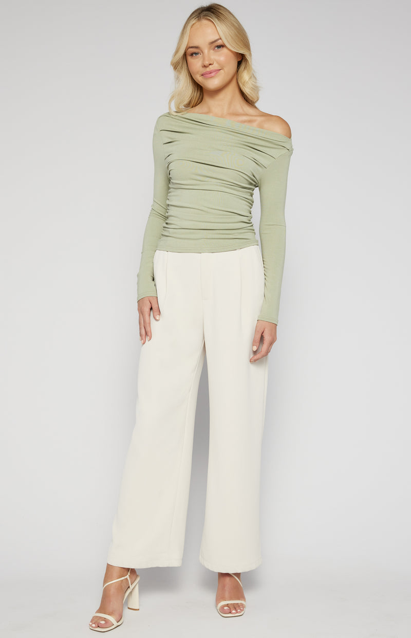 Keogh Long Sleeve, Ruched, Stretch Top - Sage