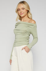 Keogh Long Sleeve, Ruched, Stretch Top - Sage