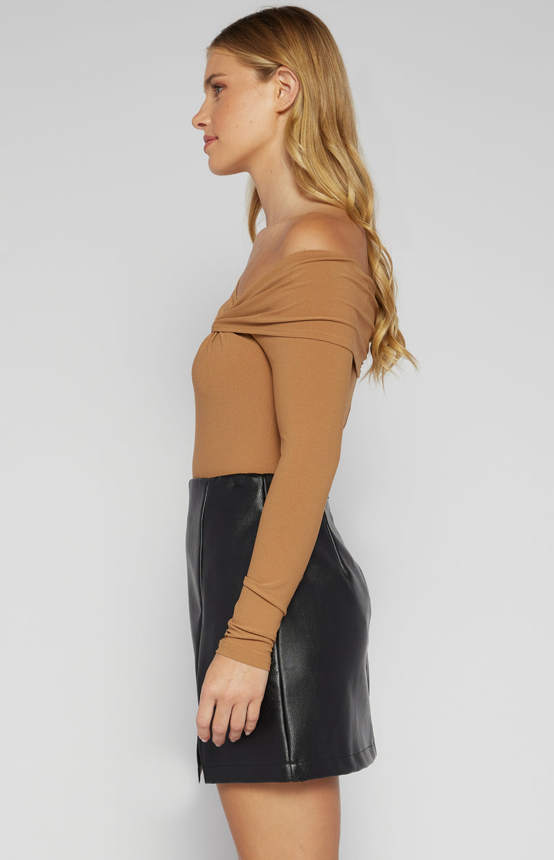 Rory Long Sleeve, Fitted Bodysuit - Camel