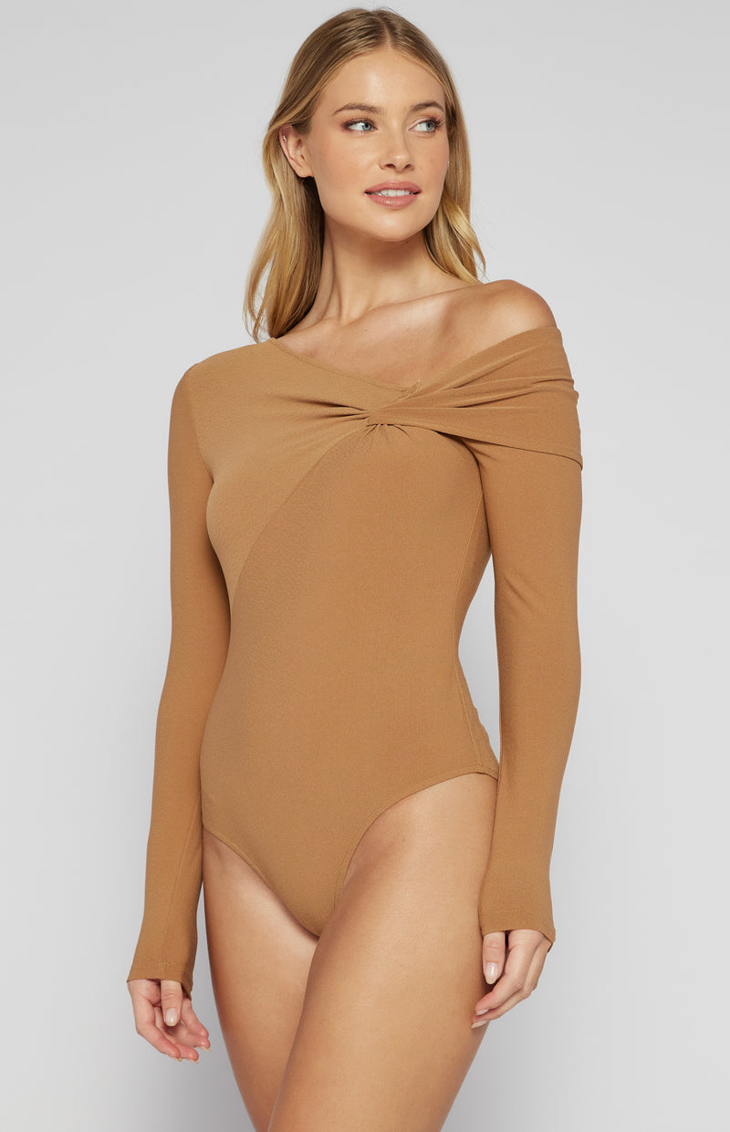 Rory Long Sleeve, Fitted Bodysuit - Camel