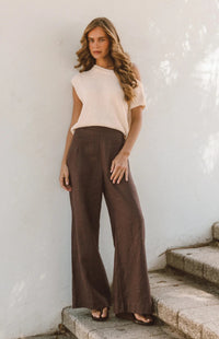 Susie Linen Wide Leg Pants - Brown